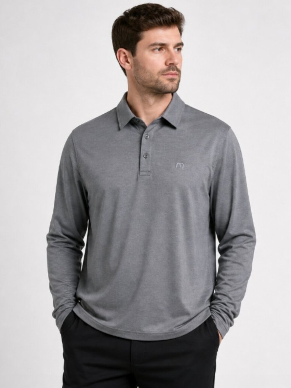 TravisMathew Gray Long Sleeve Polo Size Large Performance Golf Shirt